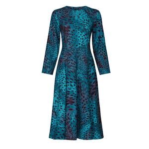Natori Leopard Fit Flare Midi Dress Teal MEDIUM Career Modest Animal Print $398
